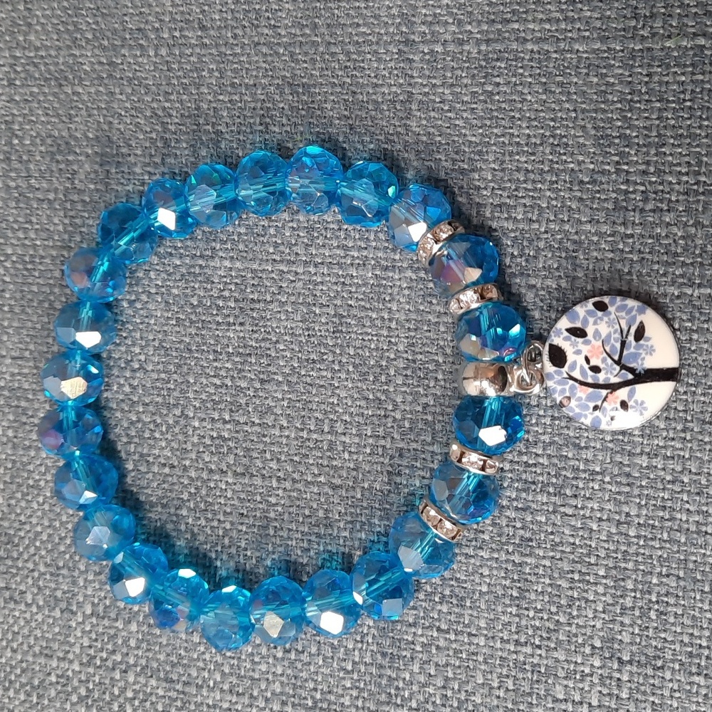 Bracelet Blue Crystal Tree of Life Charm Stretch Elastic Strength Symbol Pretty